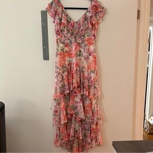 Wayf Pink and Red Floral High Low Dress